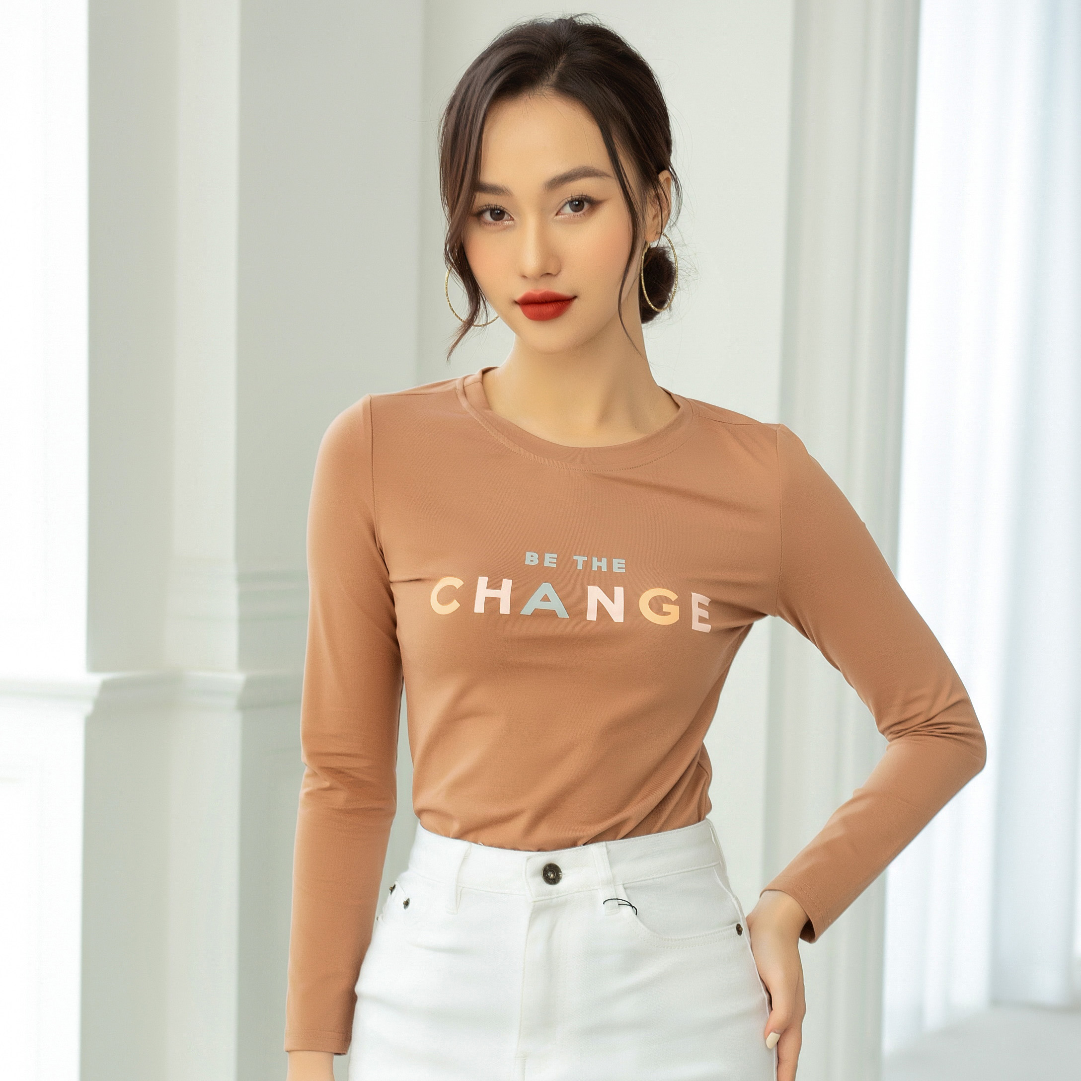 Áo Thun Nữ Dài Tay UK FASHION Dáng Ôm Cổ Tròn In Chữ Change, Chất Liệu Cotton Mềm Mịn, Co Giãn NKAT2012003