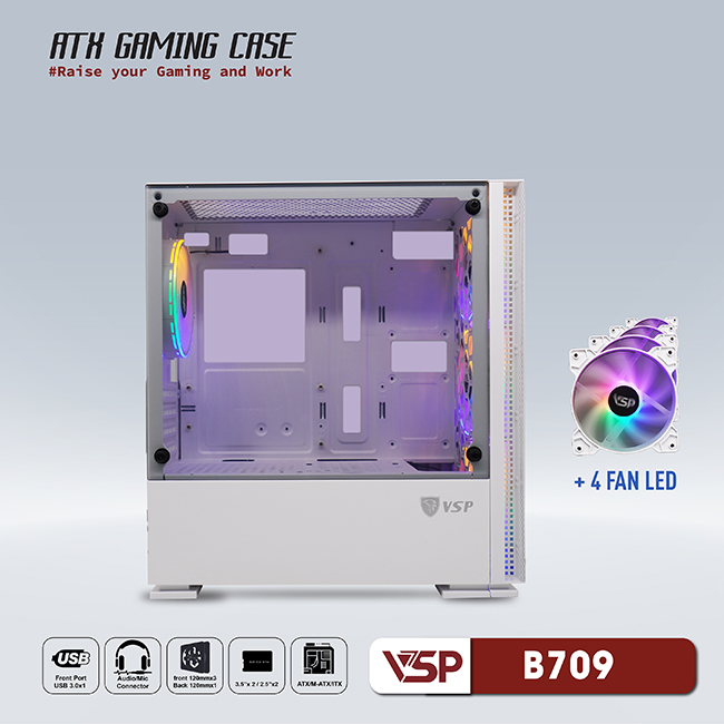 Vỏ máy tính Case VSP B709 [TRẮNG] sẵn 4 Fan LED ~ Gaming kính cường lực (M-ATX/ITX) - Hàng chính hãng TECH VISION phân phối