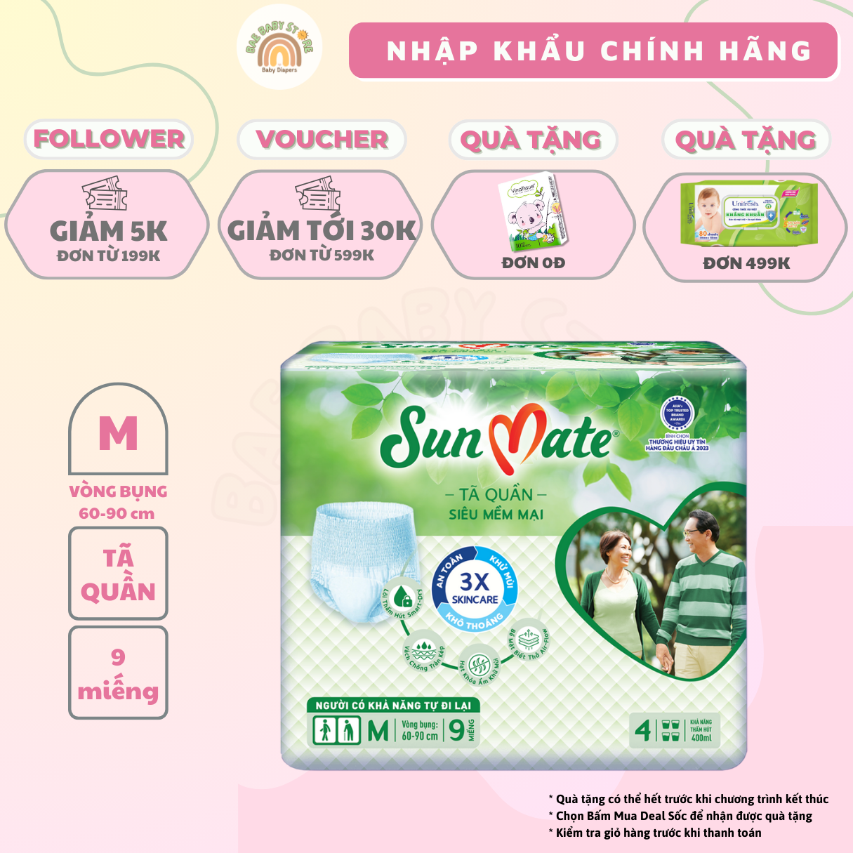 Combo 2 - Tã quần người lớn SunMate siêu mềm mại mới size M18/L16/XL14 + 2 miếng - M18+2