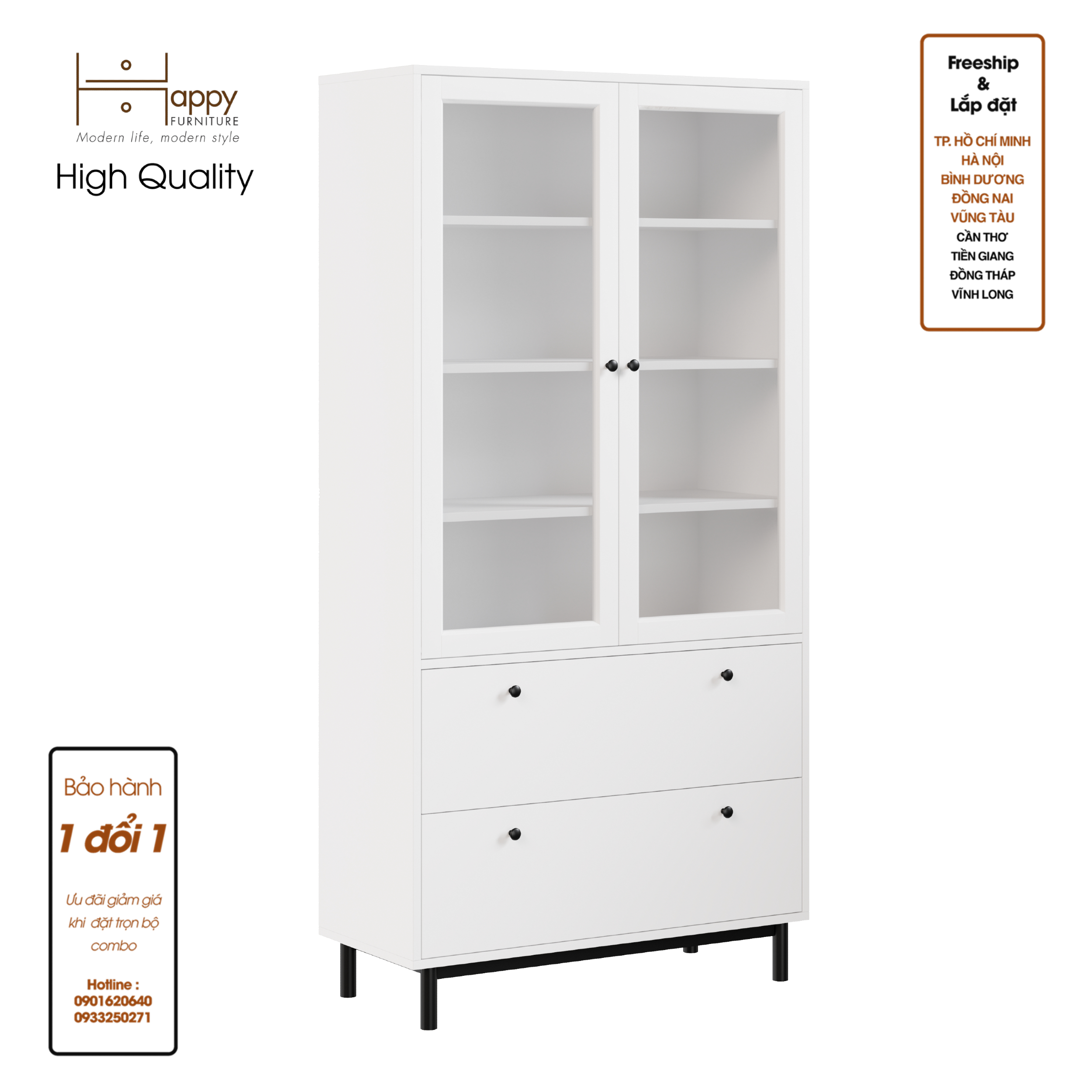 [Happy Home Furniture] CATY , Kệ sách 6 tầng cửa kính 2 ngăn kéo - chân sắt ,  90cm x 39cm x 180cm (DxRxC), KSA_019