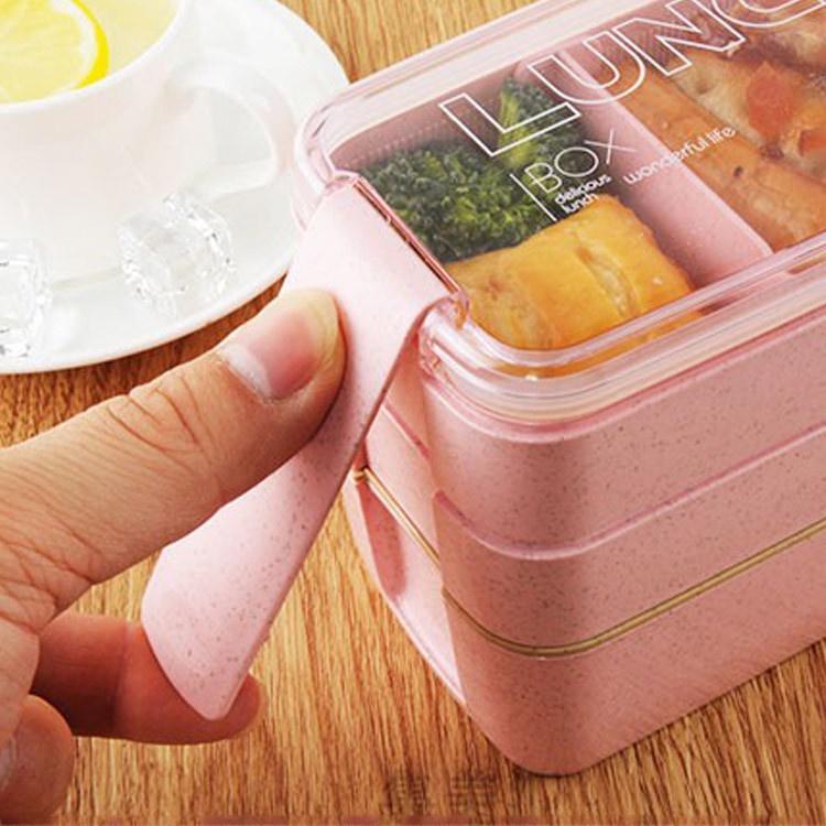 Hộp cơm 3 tầng Lúa Mạch kèm đũa thìa dĩa 3 MÀU