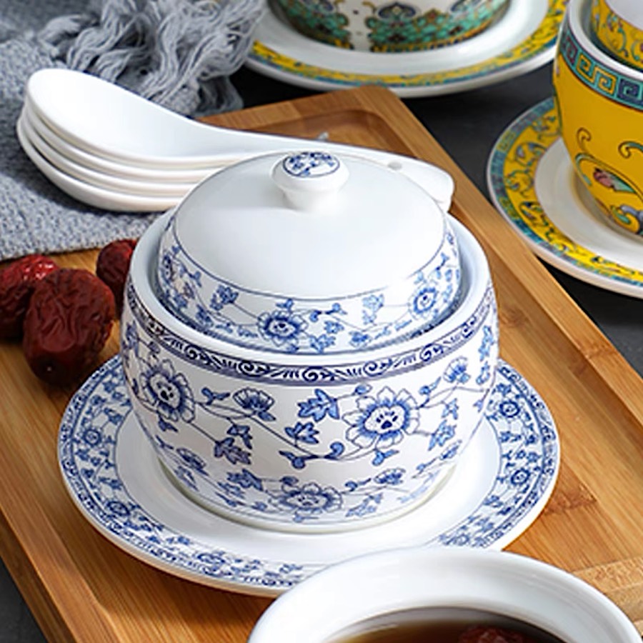 CHÉN ĂN YẾN , BÁT TIỀM SÂM 4 MÓN TỨ QUÝ MEN LAM TRẮNG XANH GỐM SỨ