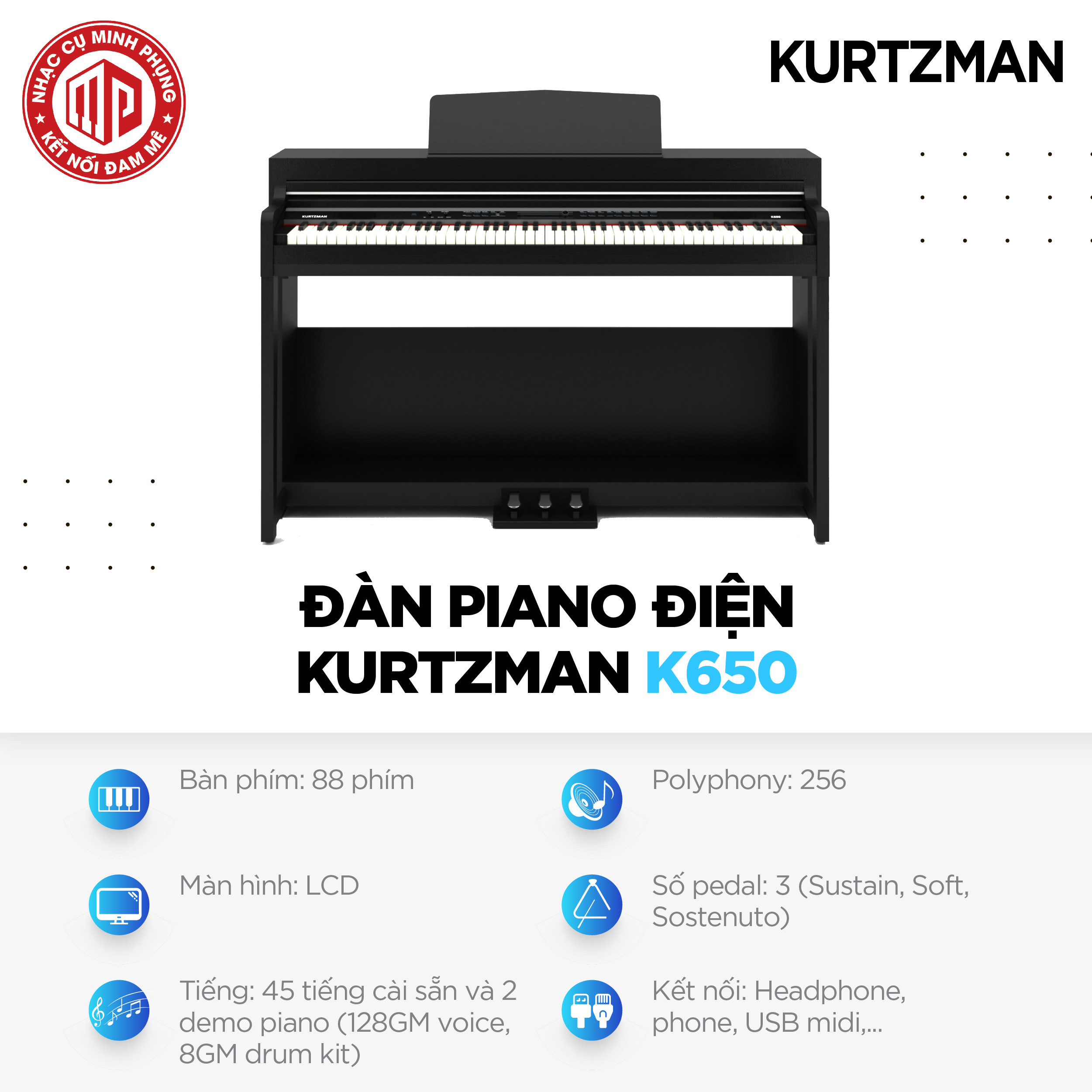 Đàn Piano điện cao cấp/ Home Digital Piano - Kzm Kurtzman K650 (BL) - Màu đen - Hàng chính hãng