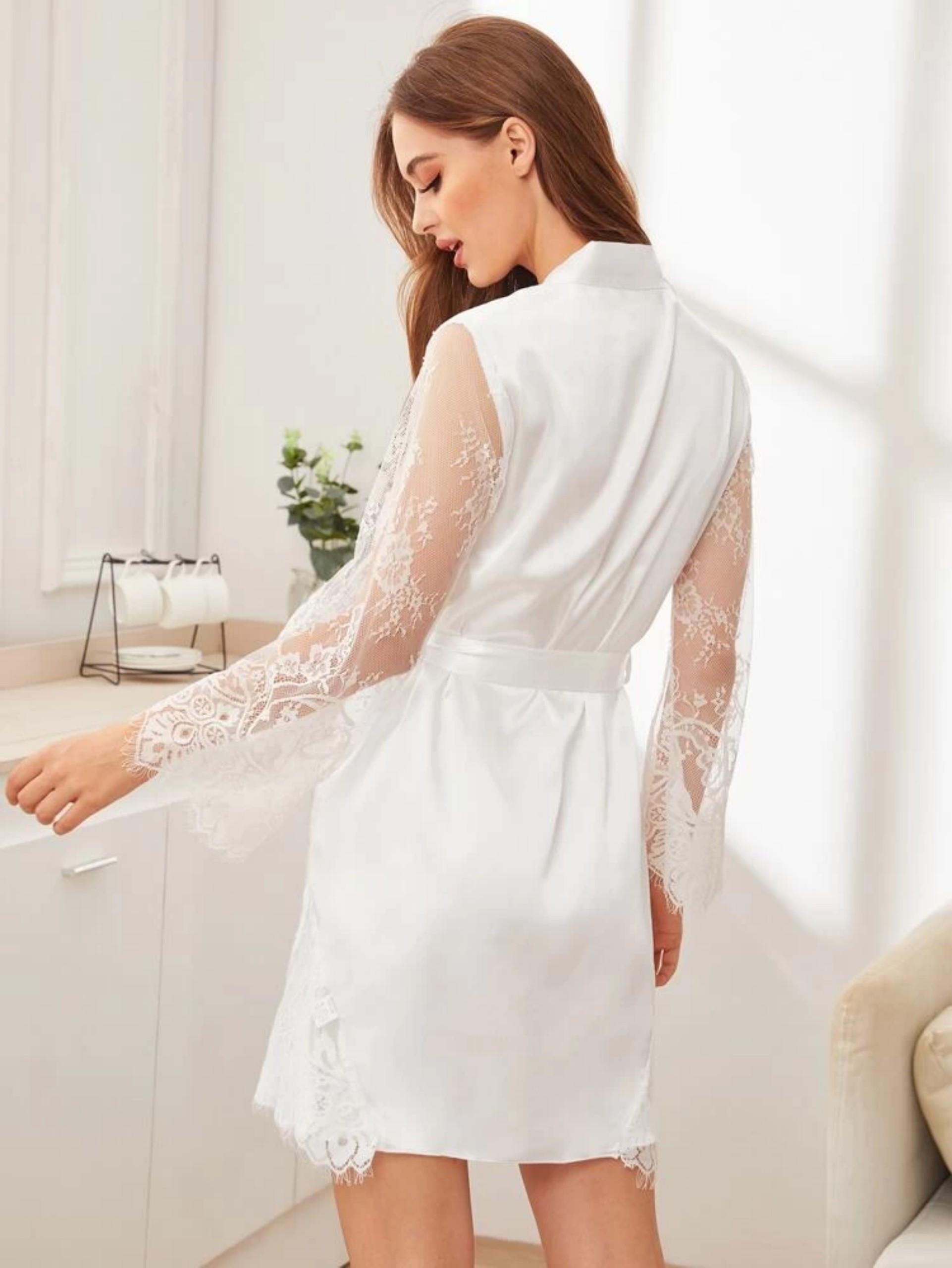 Hantu Sleepwear-Áo choàng lua,áo choàng cô dâu chụp hình cưới tay ren dài