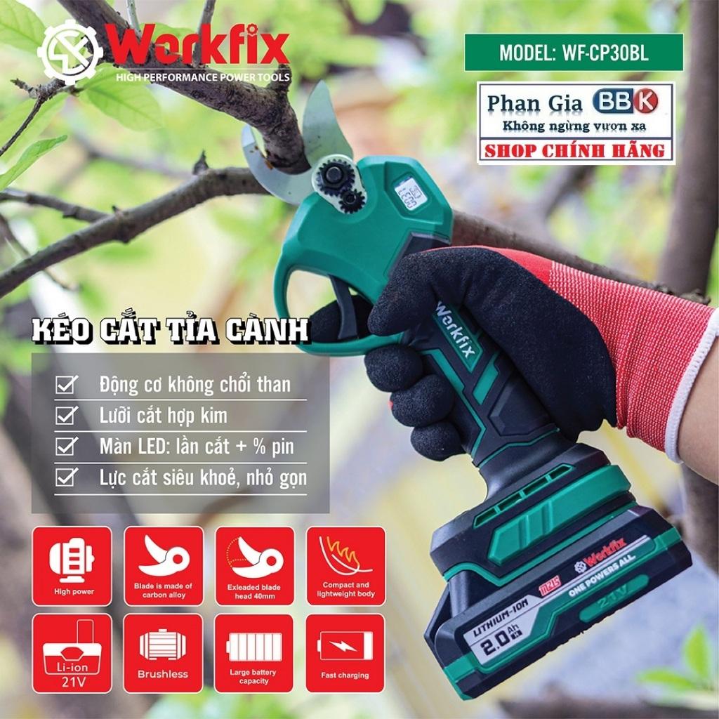 Kéo cắt cành pin WORKFIX WF-CP30BL, Động cơ Không chổi than, Màn hình led hiển thị- Bảo hành chính hãƞg