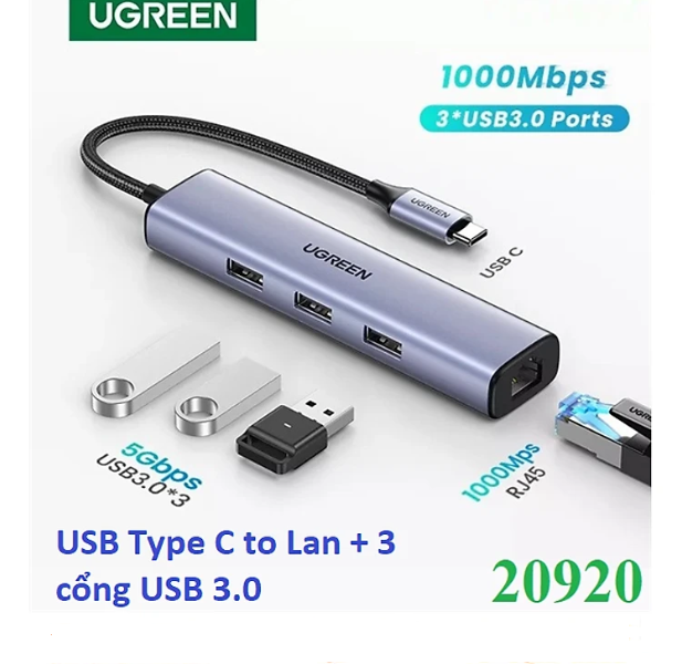 Cáp Chuyển USB-C to LAN 100/1000Mbps Kèm HUB 3 Cổng USB 3.0 Ugreen 20920 - Hàng Chính hãng