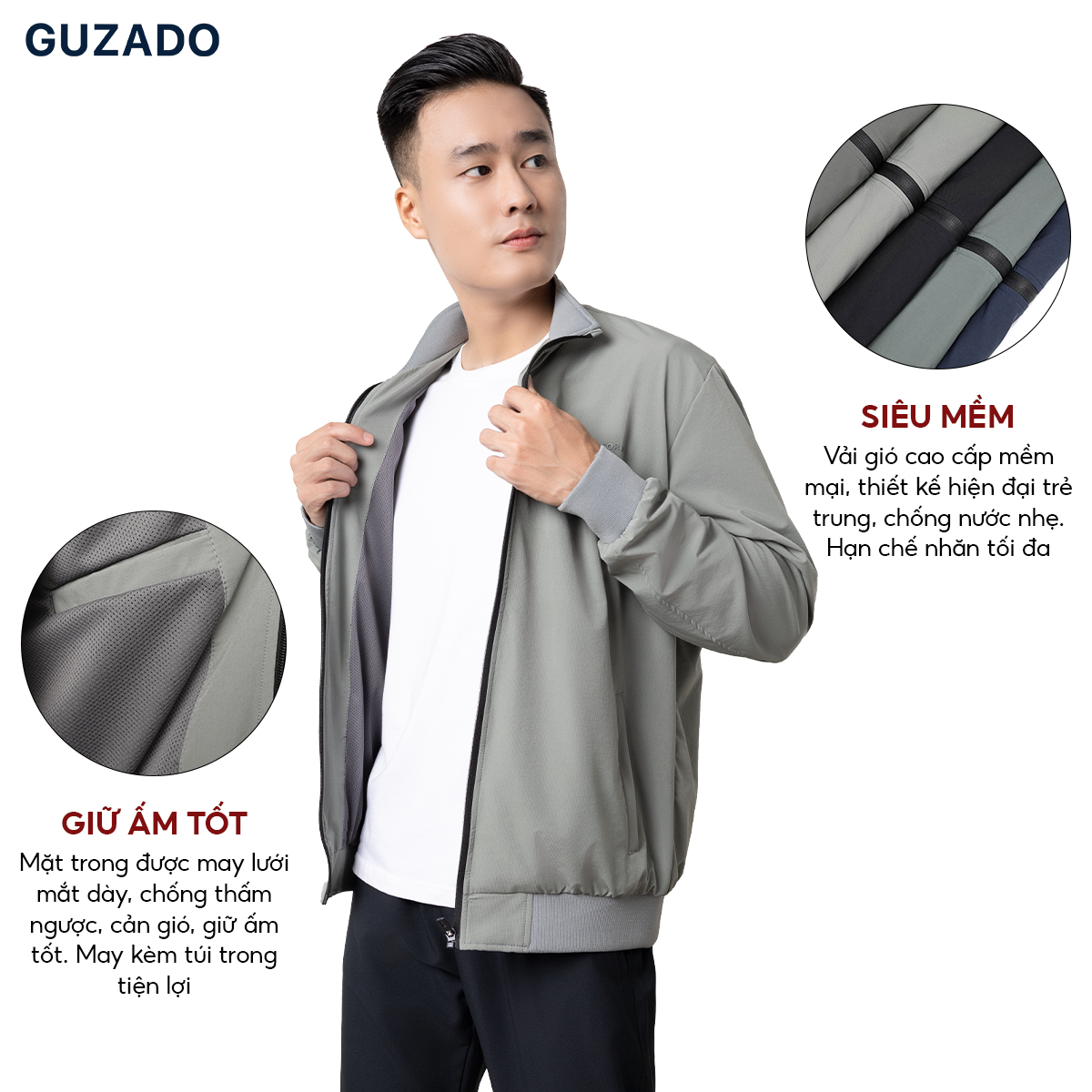 Áo Khoác Gió Nam GUZADO Cao Cấp 2 lớp Dày Dặn, Cản Gió Tốt, Chống Nước Nhẹ, Mẫu Mới Nhất 2002 GAG2216