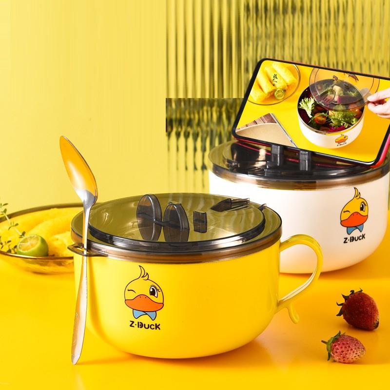 Ca Đựng Bát Cháo Giữ Nóng Inox 304 Tô khuấy Bột Ăn Dặm Hình Vịt Vàng Cho Bé