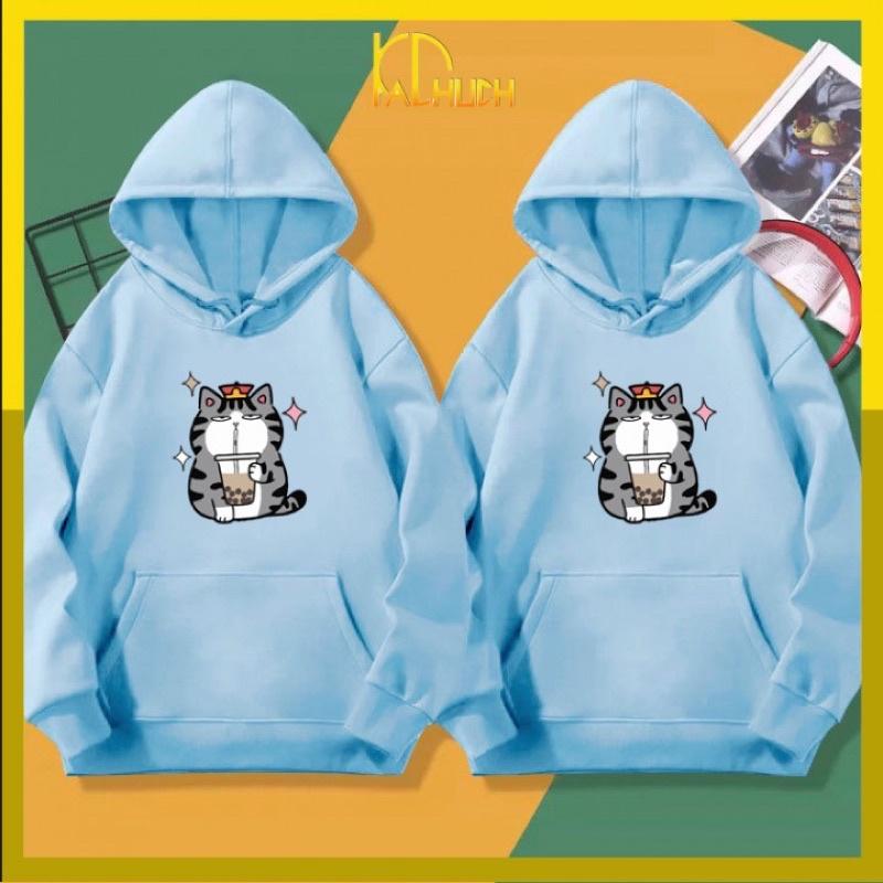 Áo hoodie cặp in mèo hoàng thượng uống trà sữa