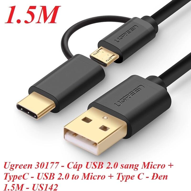 Ugreen UG30177US142TK 1.5M màu đen Cáp USB-A 2.0 sang Micro USB + USB-C - HÀNG CHÍNH HÃNG