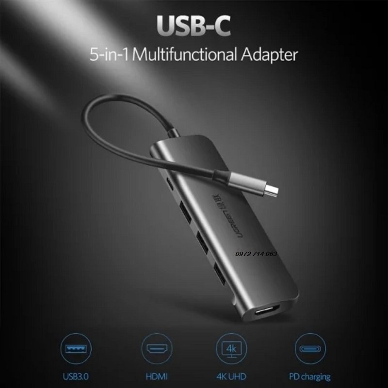Cáp Chuyển Hub Ugreen 5 In 1 USB Type C Sang HDMI + USB 3.0*3 + PD Ugreen 50209, 70495 hàng Chính Hãng