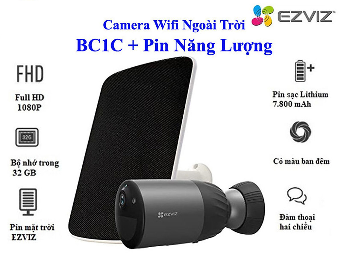 Camera Wifi ngoài trời Dùng Pin Sạc EZVIZ CS-BC1C + kèm pin mặt trời Ezviz CS-CMT-Solar - Hàng Chính Hãng