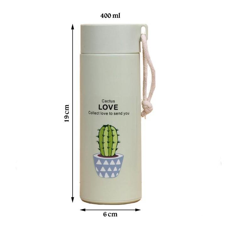 Bình đựng nước lõi thủy tinh họa tiết xương rồng dễ thương dung tích 400ml - T2K Shop