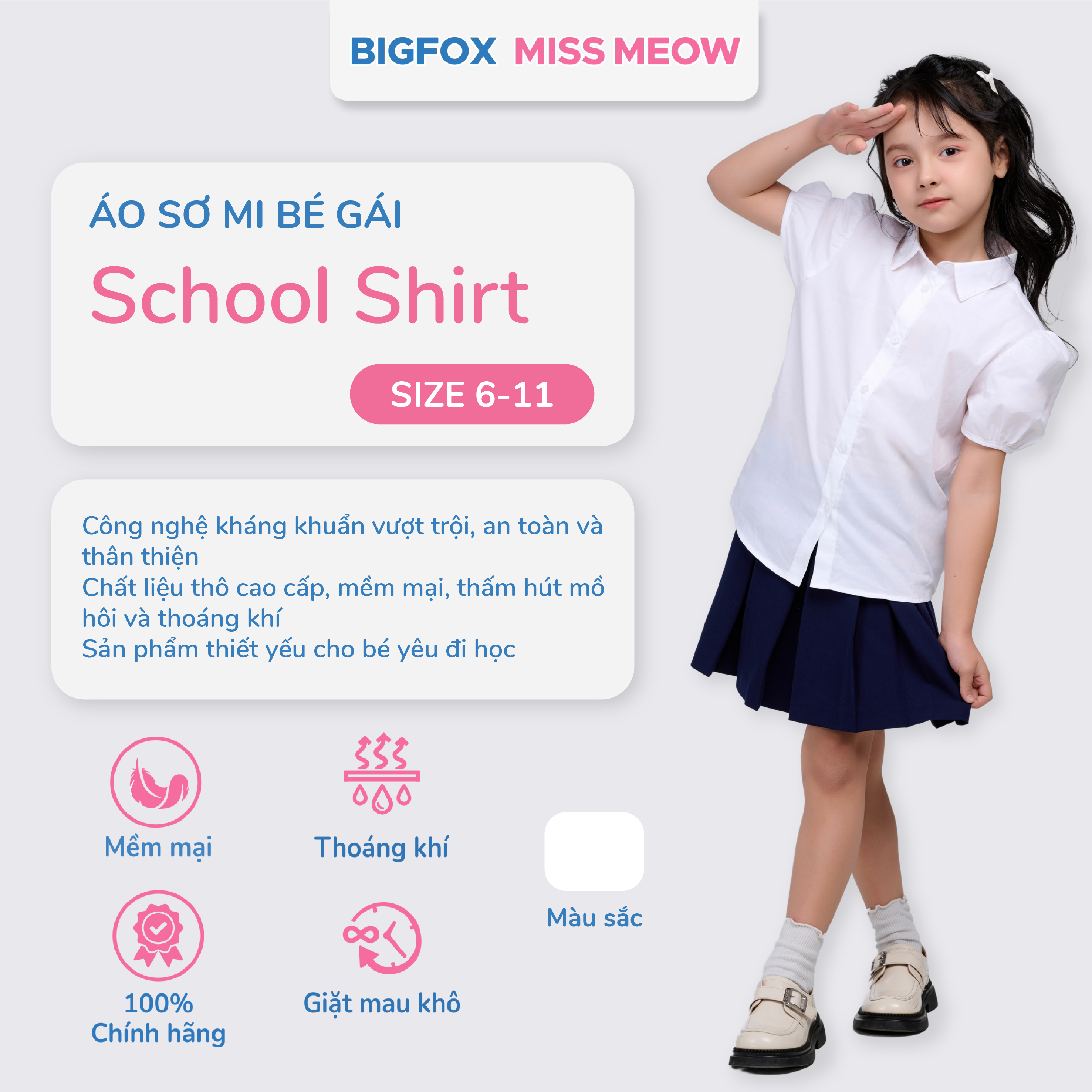 Áo sơ mi bé gái màu trắng Bigfox Miss Meow, áo cộc tay đồng phục đi học có cổ 6,9,11 tuổi 30kg 40kg