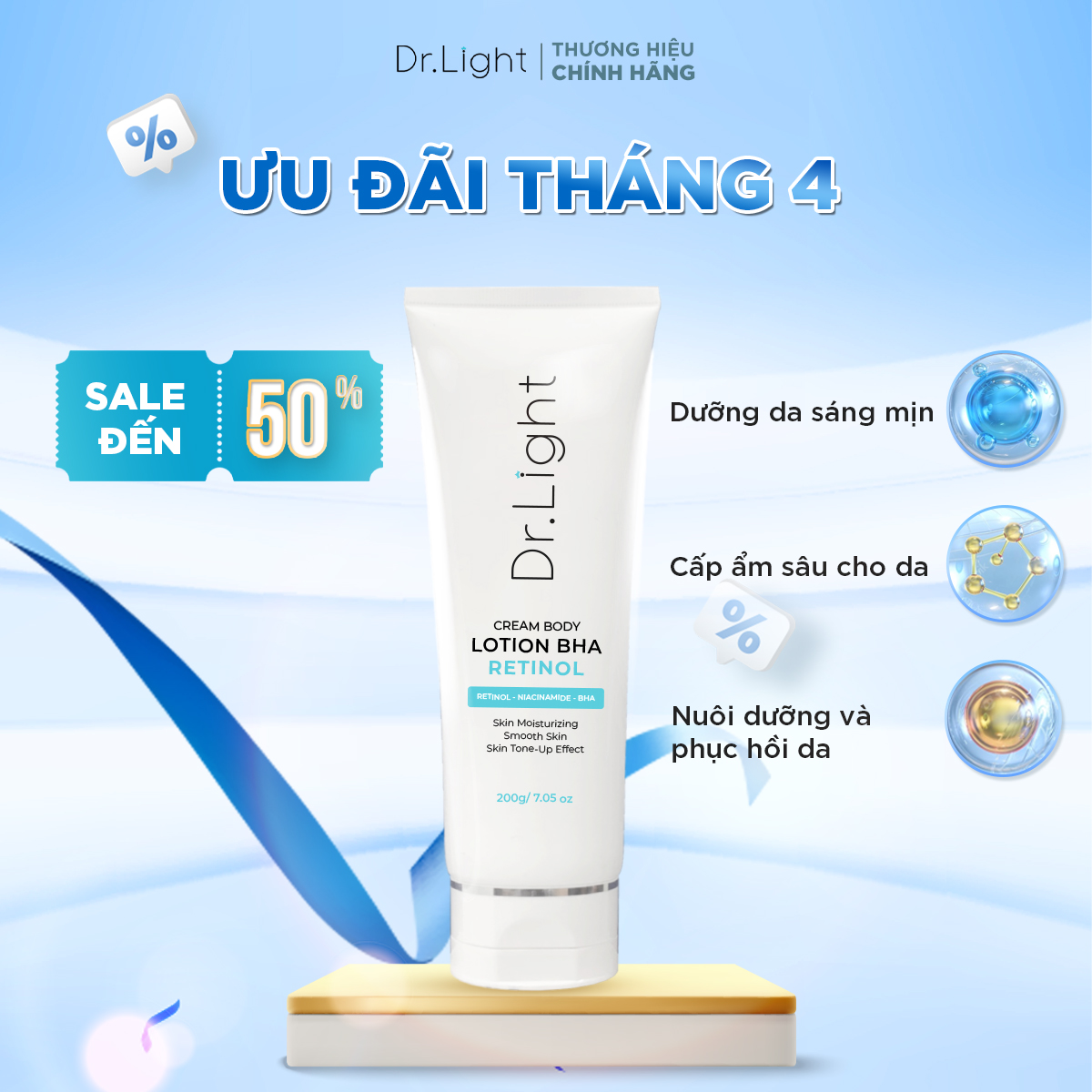 Kem Body Dr.Light Kem dưỡng Trắng Sáng Da Với Hợp Chất Retinol Niacinamide BHA 200ml