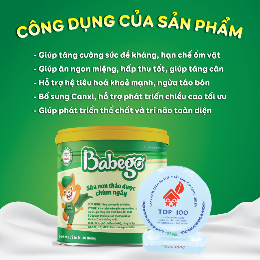 [Tặng bộ ô tô đồ chơi] Sữa non thảo dược chùm ngây Babego 342gram cải thiện biếng ăn, táo bón, chậm tăng cân, hay ốm vặt - Dòng Cao Cấp