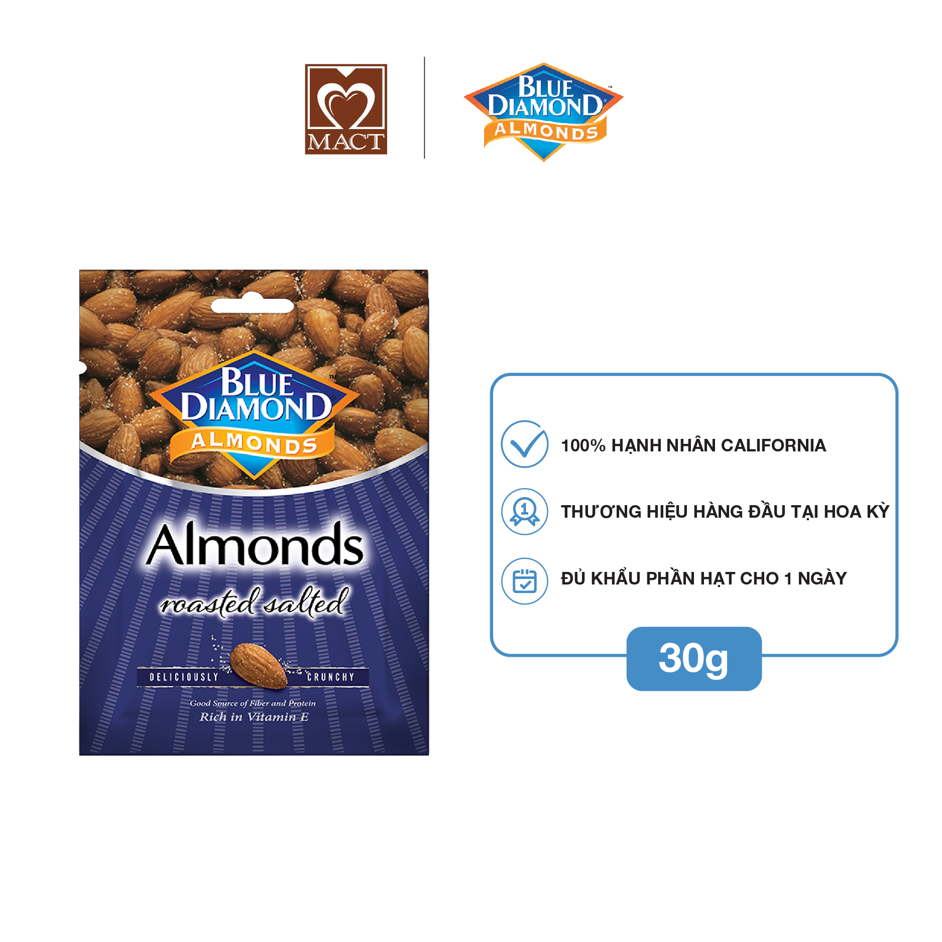 Hạnh nhân BLUE DIAMOND - Vị Muối Roasted Salted - túi 30g
