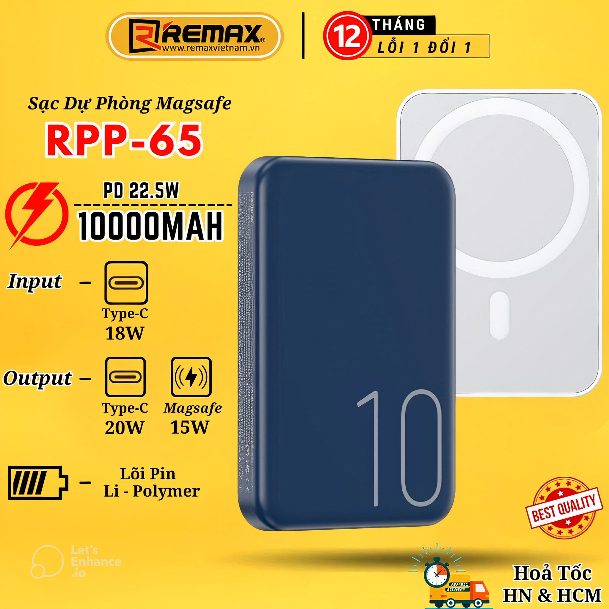 Pin Sạc Dự Phòng Không Dây Từ Tính Sạc Nhanh 10000Mah 22.5W Remax Rpp - 65 Pd 20W Chắc Chắn , Ổn Định - Hàng Chính Hãng Remax - Xanh