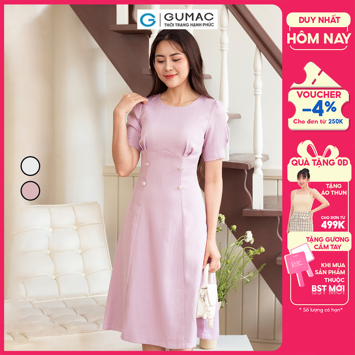 Đầm A tay ngắn xếp ly ngực thanh lịch sang trọng thời trang GUMAC DD07065