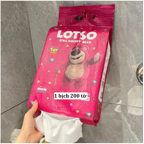 Khăn giấy lau đa năng gấu dâu LOTSO bịch lớn 200 tờ, khăn lau mặt dùng 1 lần, chất cotton mềm mịn GD761-RutLotso