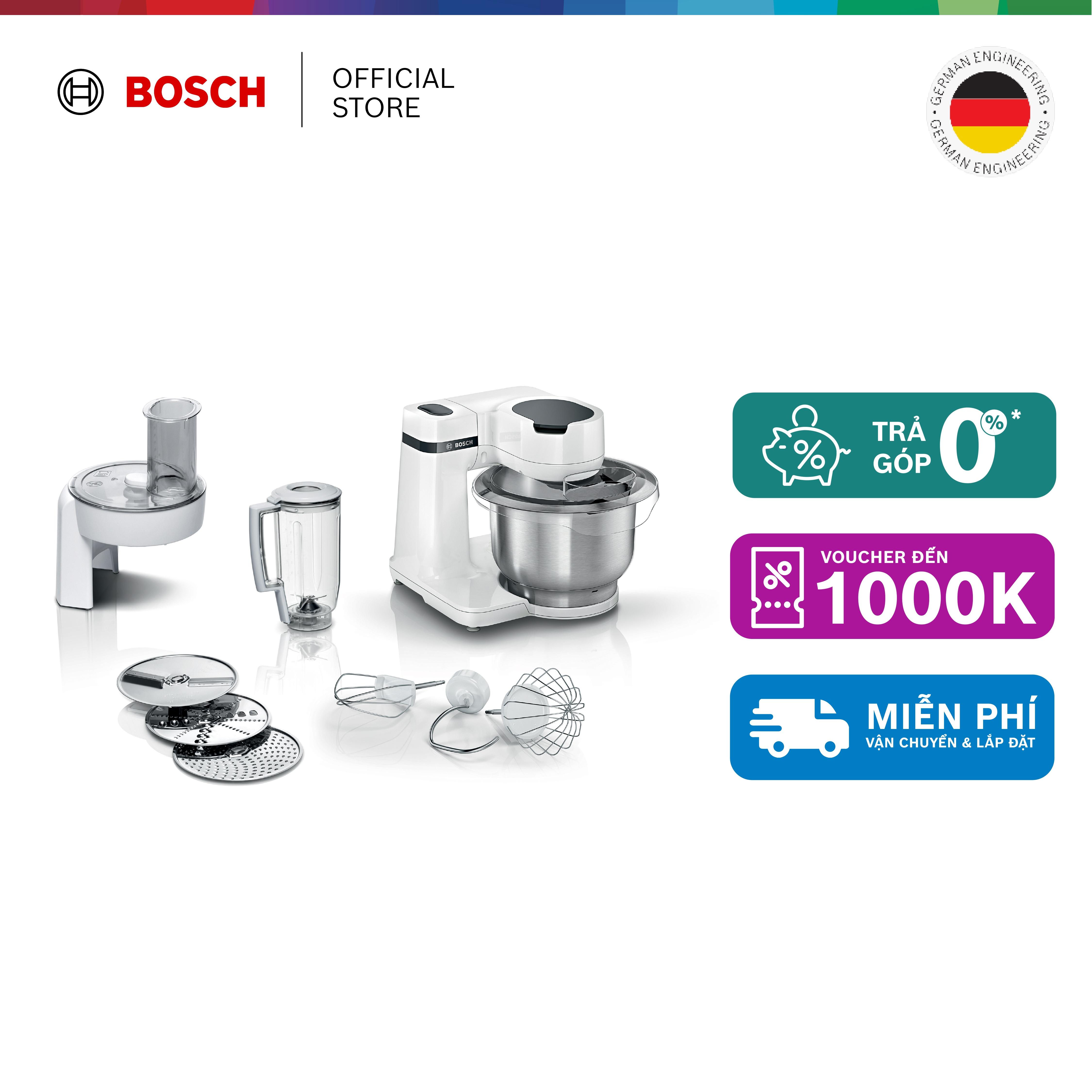 Máy xay trộn đa năng Bosch MUMS2EW20 - Series 2 700W 3.8L 4 tốc độ (trắng) - Hàng chính hãng