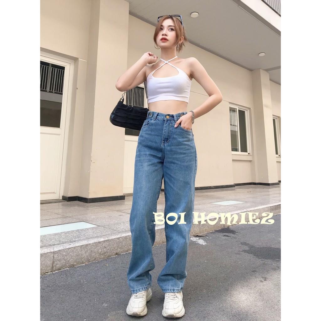 Quần Jeans nữ ống rộng Simple Jeans lưng cao dáng suông cao cấp, unisex ( MÀU ĐẬM )