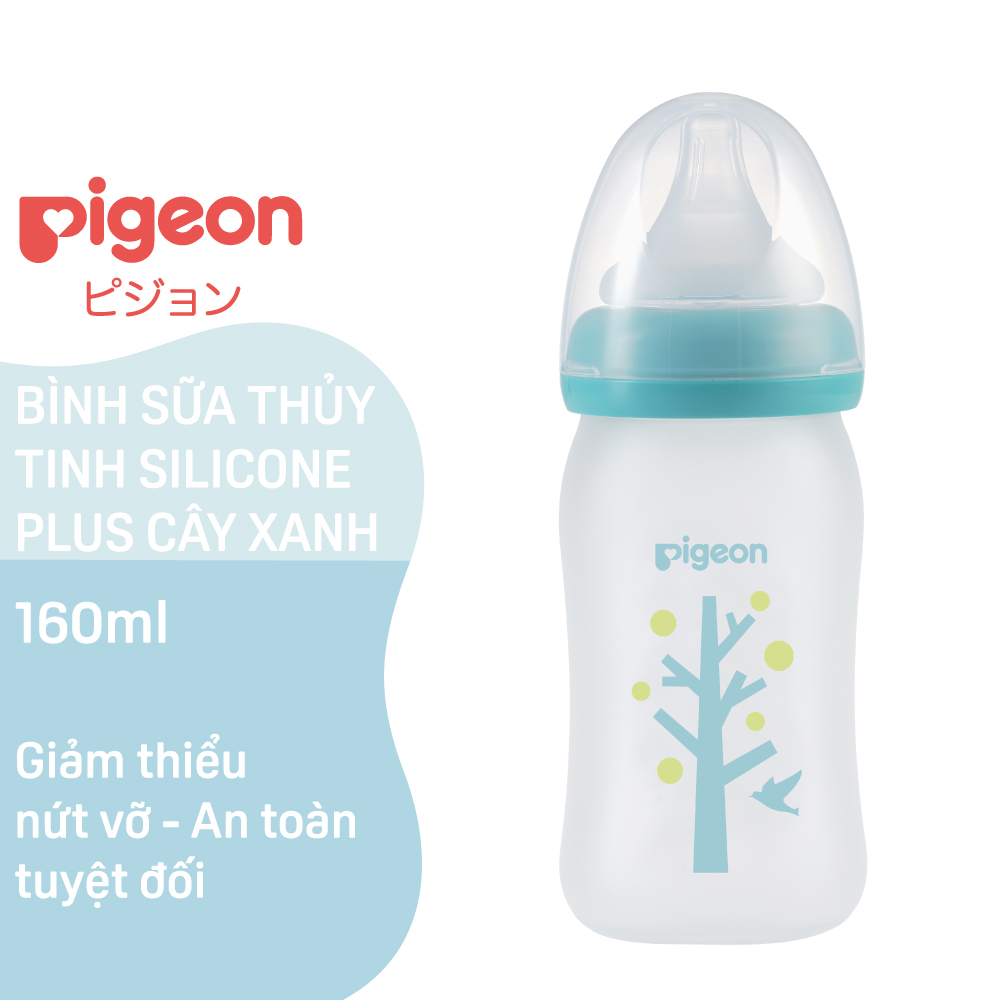 Bình Sữa Thủy Tinh Silicon Pigeon 160ml - Cây xanh - Cho Bé 0 Tháng +