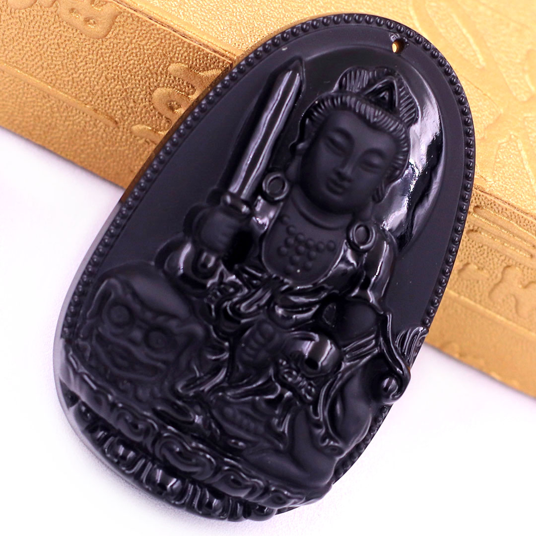 Mặt dây chuyền Phật Văn thù đá đen 3.6 cm kèm móc inox vàng và vòng cổ dây cao su đen, Mặt Phật bản mệnh