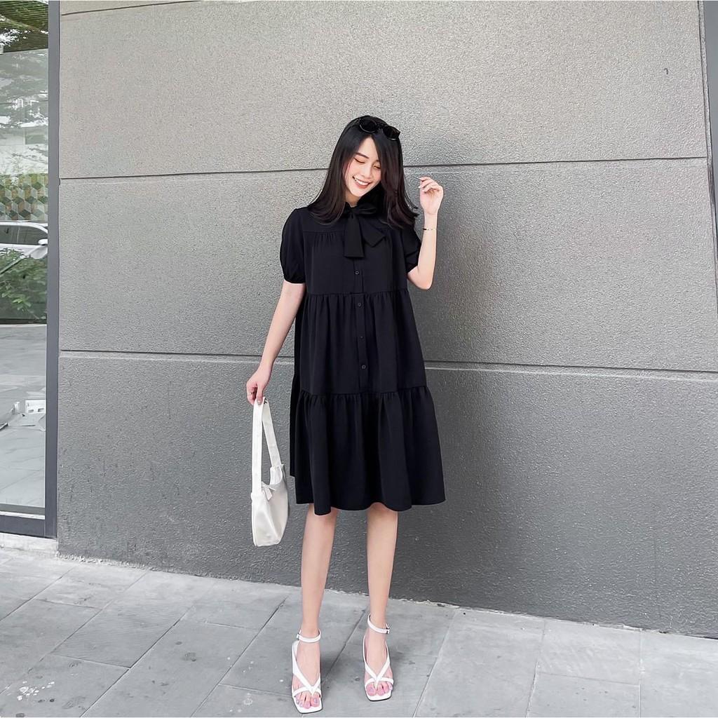 ĐẦM DỰ TIỆC BABYDOLL LỤA 2 LỚP CỔ CỘT NƠ DÁNG XÒE TAY LỠ