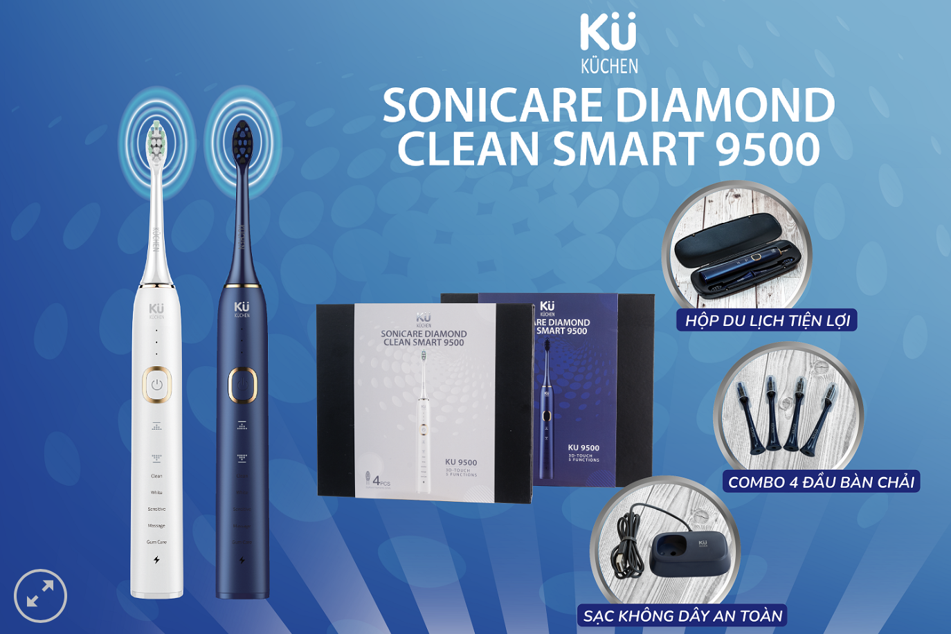 BÀN CHẢI ĐÁNH RĂNG SÓNG ÂM KU DIAMOND CLEAN 9500 - Hàng chính hãng