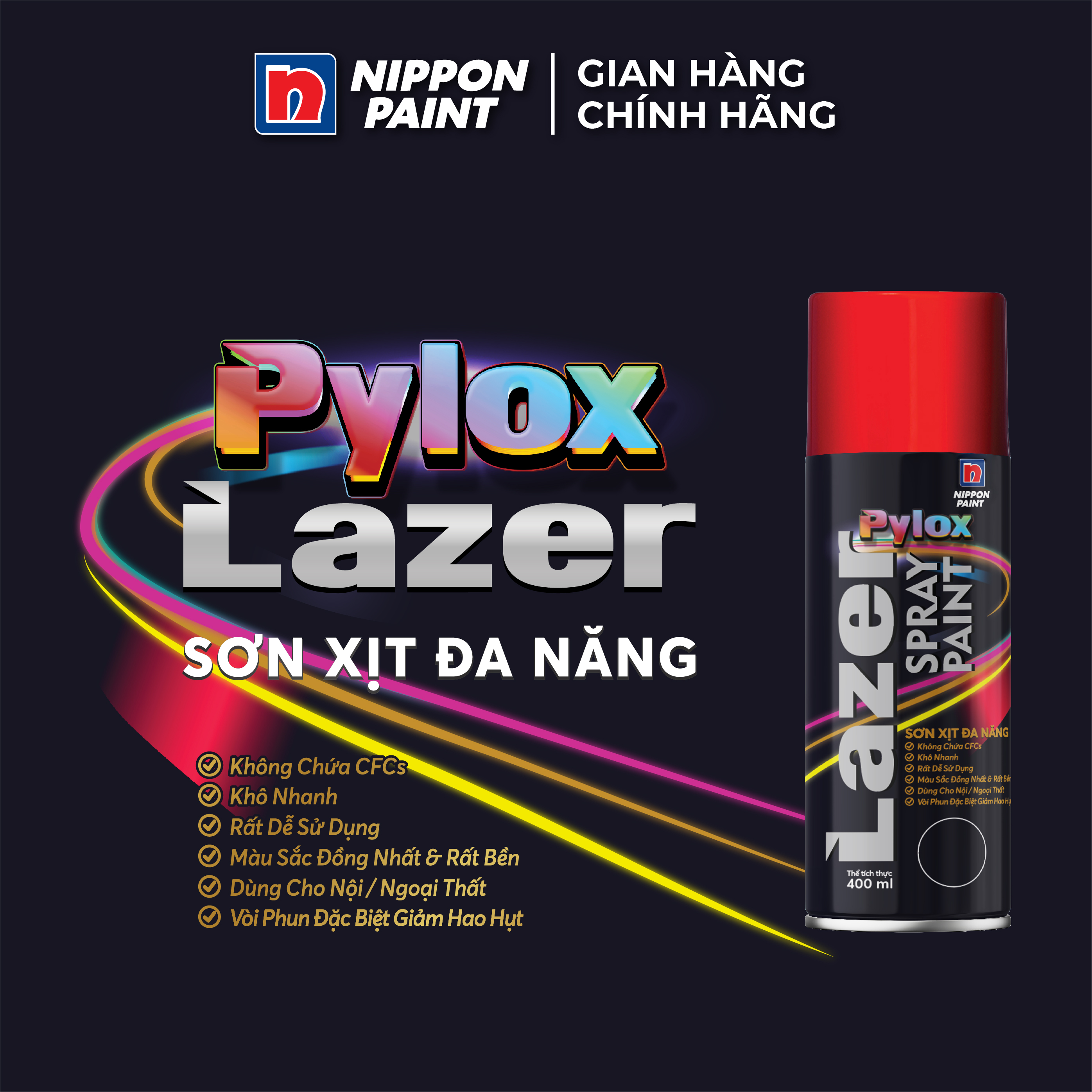 Sơn xịt đa năng Pylox Lazer - 4 MATT BLACK - Chính hãng NIPPON PAINT - Dung tích 400ml