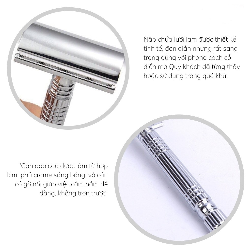 Dao cạo râu INOX cổ điển 6338 có thể thay lưỡi lam, Tặng kèm 10 lưỡi dao cạo 2 mặt