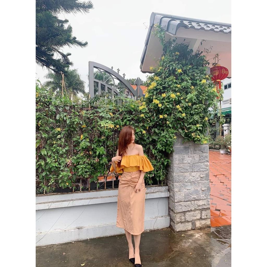 SET Áo Bẹt Vai Chun Bèo &amp; Chân Váy Nhún (ÁO VÀNG + VÁY NUDE)