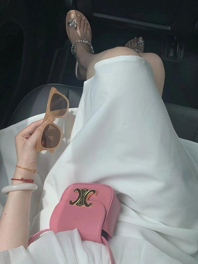 CHENGRUI Váy trắng nữ không tay viền lá sen Hàn Quốc rộng thùng thình, dịu dàng, phong cách ngọt ngào, váy công chúa mùa xuân và mùa hè.