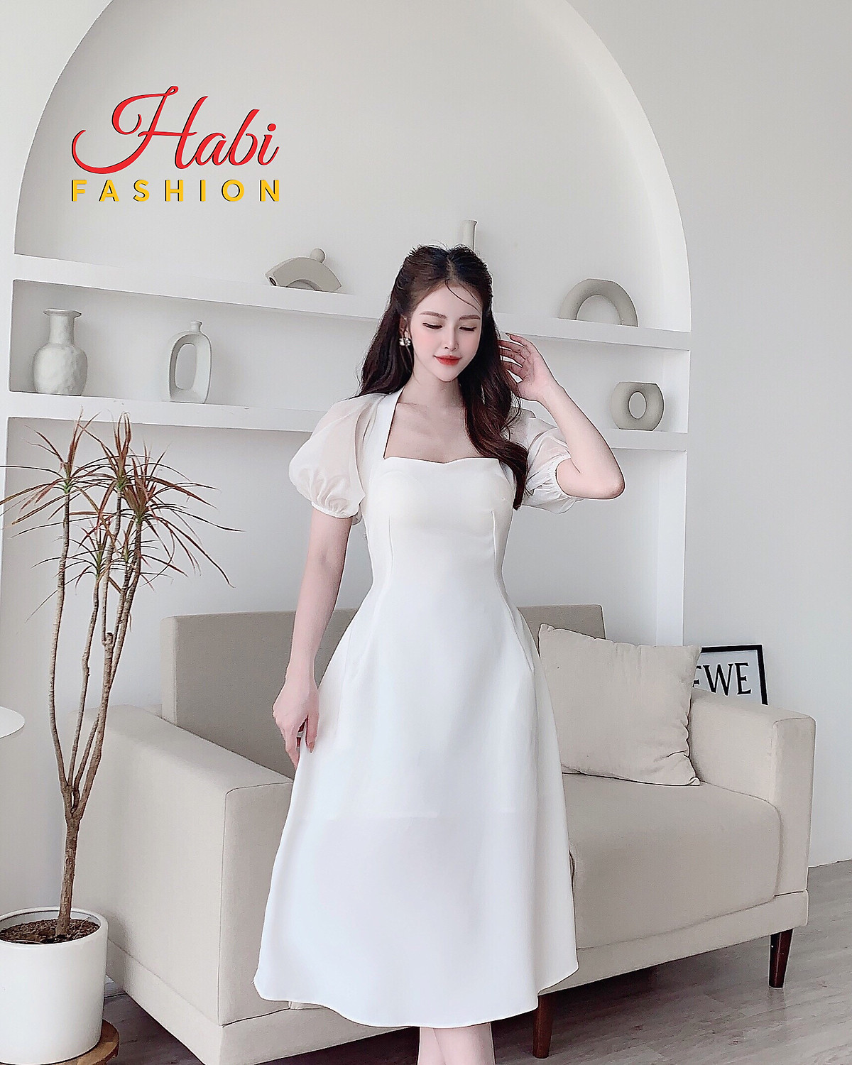 Váy đầm thiết kế tay tơ bồng nhẹ ôm eo tôn dáng tiểu thư chất đẹp 2 lớp