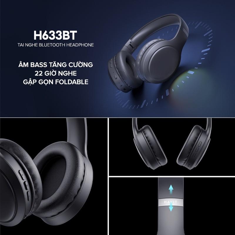 Tai Nghe Headphone Bluetooth HAVIT H633BT, Kiểu Dáng Công Thái Học, Hổ Trợ Đèn Led RGB, Nghe Đến 22H - Hàng Chính Hãng