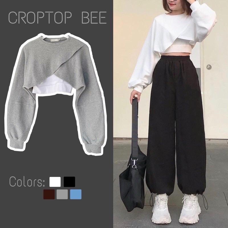 Set áo croptop tay dài kiểu xẻ kèm áo 2s trong