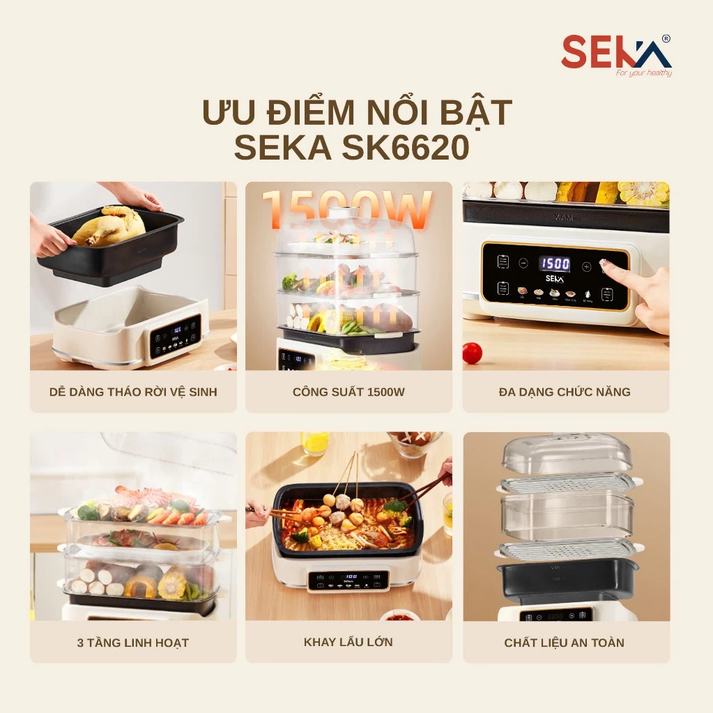 (HOT NEW) Nồi Lẩu Hấp 4 Tầng 24L SEKA SK6620 - 1500W Đa Năng 4 in 1 Hấp, Lẩu, Khử Trùng, Tiệt Trùng - Hàng Chính Hãng Bảo Hành 2 Năm
