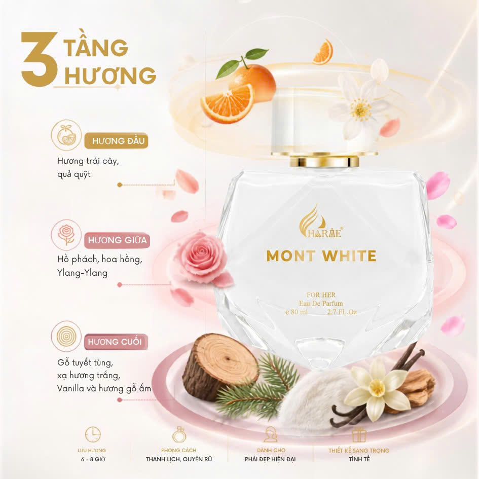 Nước Hoa Nữ Charme Mont White 80ml Chính Hãng – Eau De Parfum – Thanh Lịch, Nữ Tính, Lưu Hương 7–12 Giờ