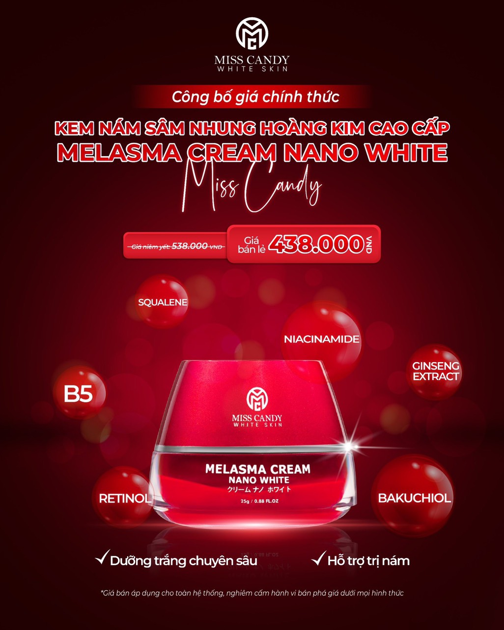 Kem Dưỡng Trắng Da Mờ Thâm Nám Sâm Nhung Hoàng Kim Cao Cấp Melasma Cream Nano White MISS CANDY 25g, Giúp Tái Tạo Da Bị Nhiễm Corticoid, Phục Hồi Làn Da Hư Tổn &amp; Làm Săn Chắc Da
