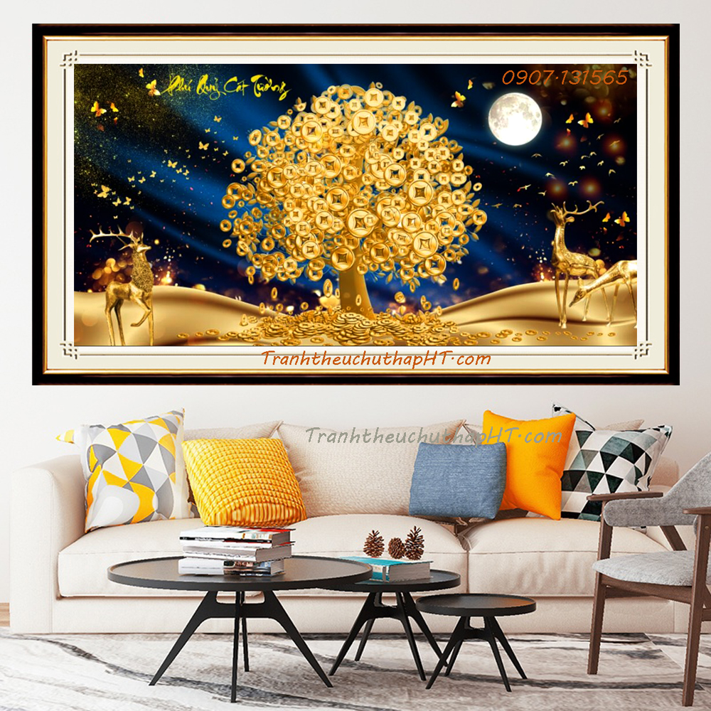 Tranh đính đá cây tiền vàng VS488 - 120 x 60 cm - chưa đính