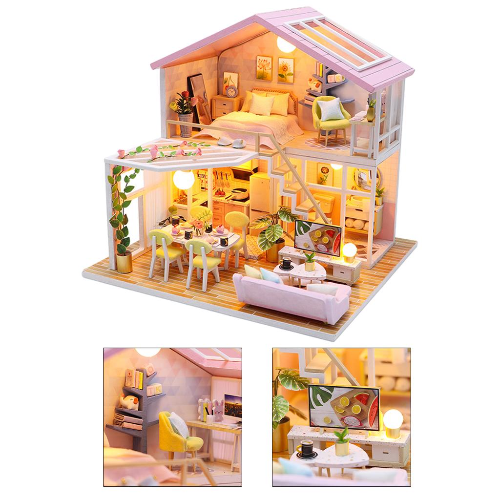 DIY Dollhouse Miniature Kit with Furniture Kits 3D Wooden Miniature House - 2 Stories Miniature Dolls House Cottage Building Model