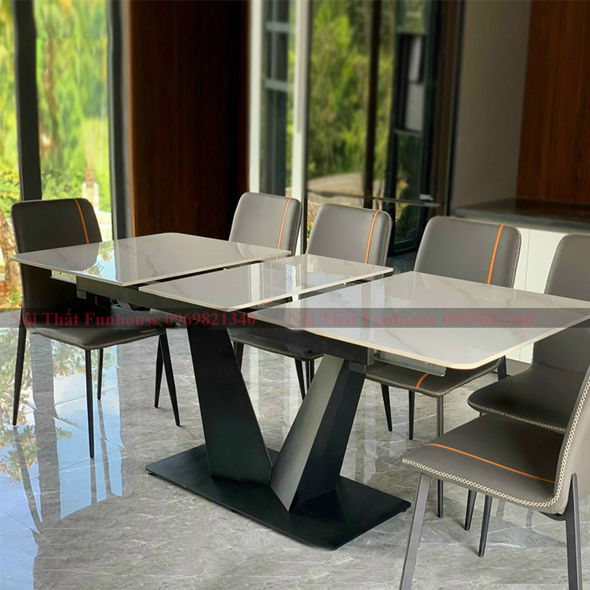 Bộ bàn ăn thông minh 6 ghế Funhouse 1m4 kéo dài 1m6 nhập khẩu mặt đá ceramic phủ bóng chống xước, chân sắt sơn tĩnh điện, ghế dá nhập khẩu - Bảo hành 2 năm