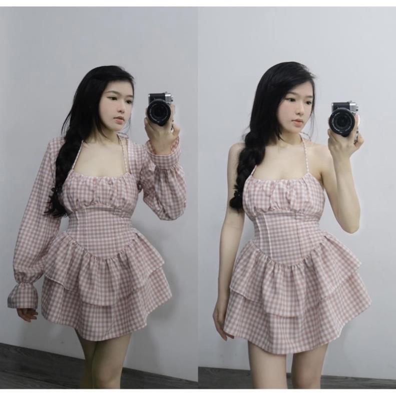 Set đầm 2 dây caro nhí phối áo croptop 1 tấc kèm quần short 3 màu