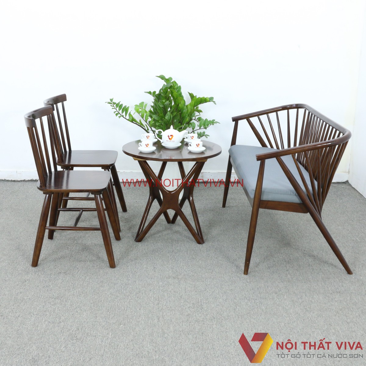 Bộ Bàn Trà Đơn Giản Ghế Nan Bọc Vải Gỗ Cao Su Màu Óc Chó Đẹp Sang Trọng