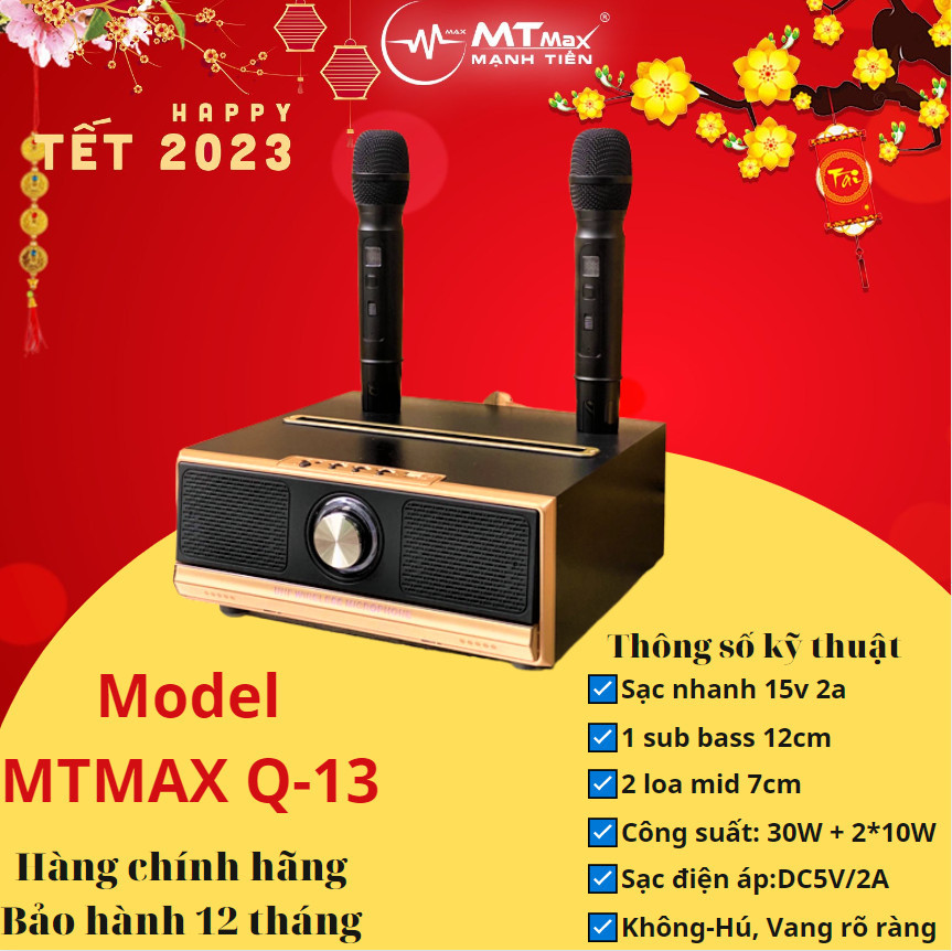 Loa bluetooth MTMAX Q13 mẫu mới 2023 hát Karaoke 2 mic cao cấp UHF Wireless Microphone