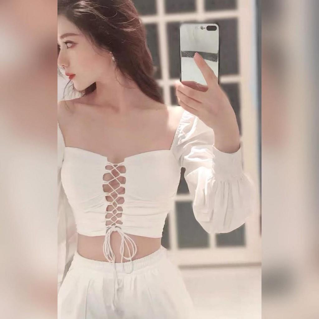 (ẢNH THẬT) Áo Croptop Đan Dây Tay Dài Daisy (TRẮNG+ĐEN