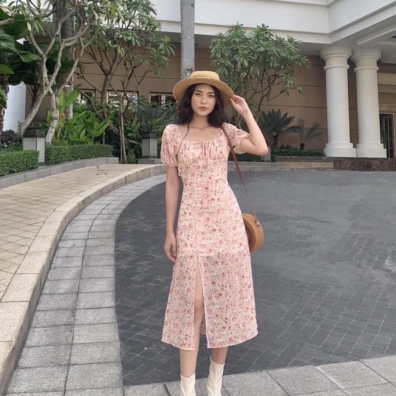 Đầm lụa hoa nhí thắt nơ ngực, xẻ tà, dáng xoè - AUDREY STUDIO