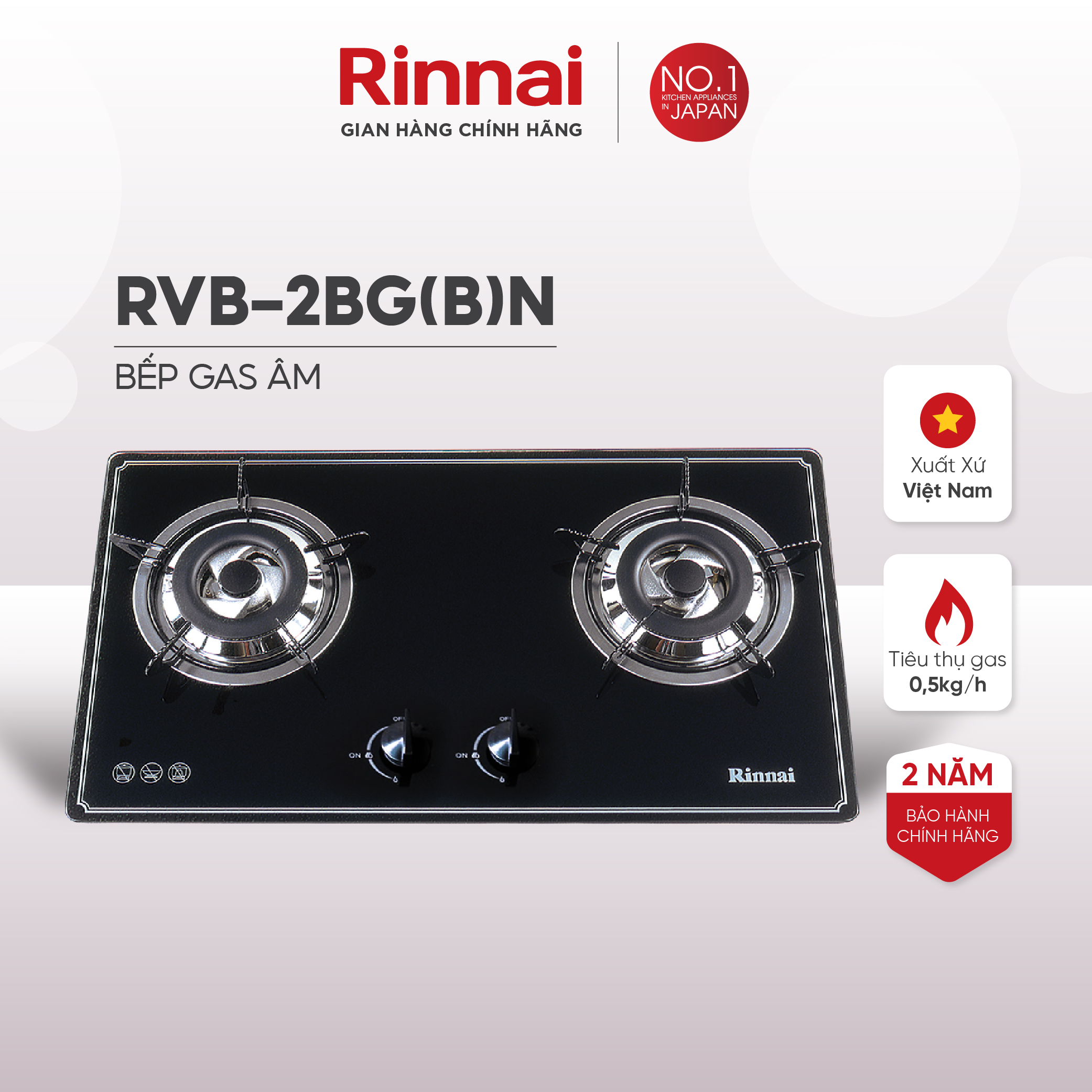 Bếp gas âm Rinnai RVB-2BG(D)N mặt bếp kính và kiềng bếp men - Hàng chính hãng.