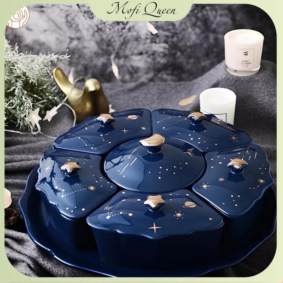 Hộp đựng bánh kẹo tết, khay bánh kẹo tết khay sứ 6 ngăn, thiết kế mẫu màu xanh, hoa văn tinh xảo, đẹp mắt